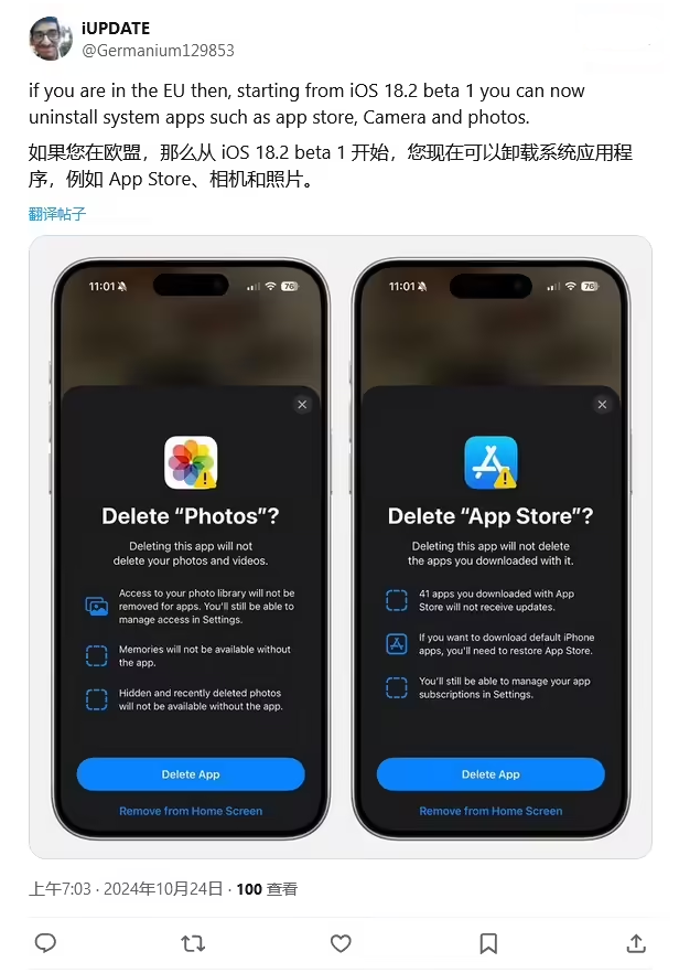 纳溪苹果手机维修分享iOS 18.2 支持删除 App Store 应用商店 