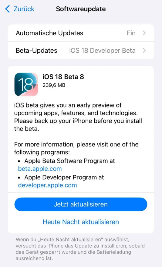 纳溪苹果手机维修分享苹果 iOS / iPadOS 18 开发者预览版 Beta 8 发布 